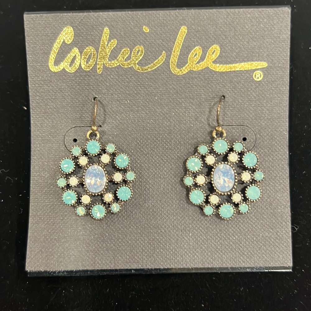 Brass Toned Green Opal Clear Dangling Earrings By Cookie Lee 93360 11$